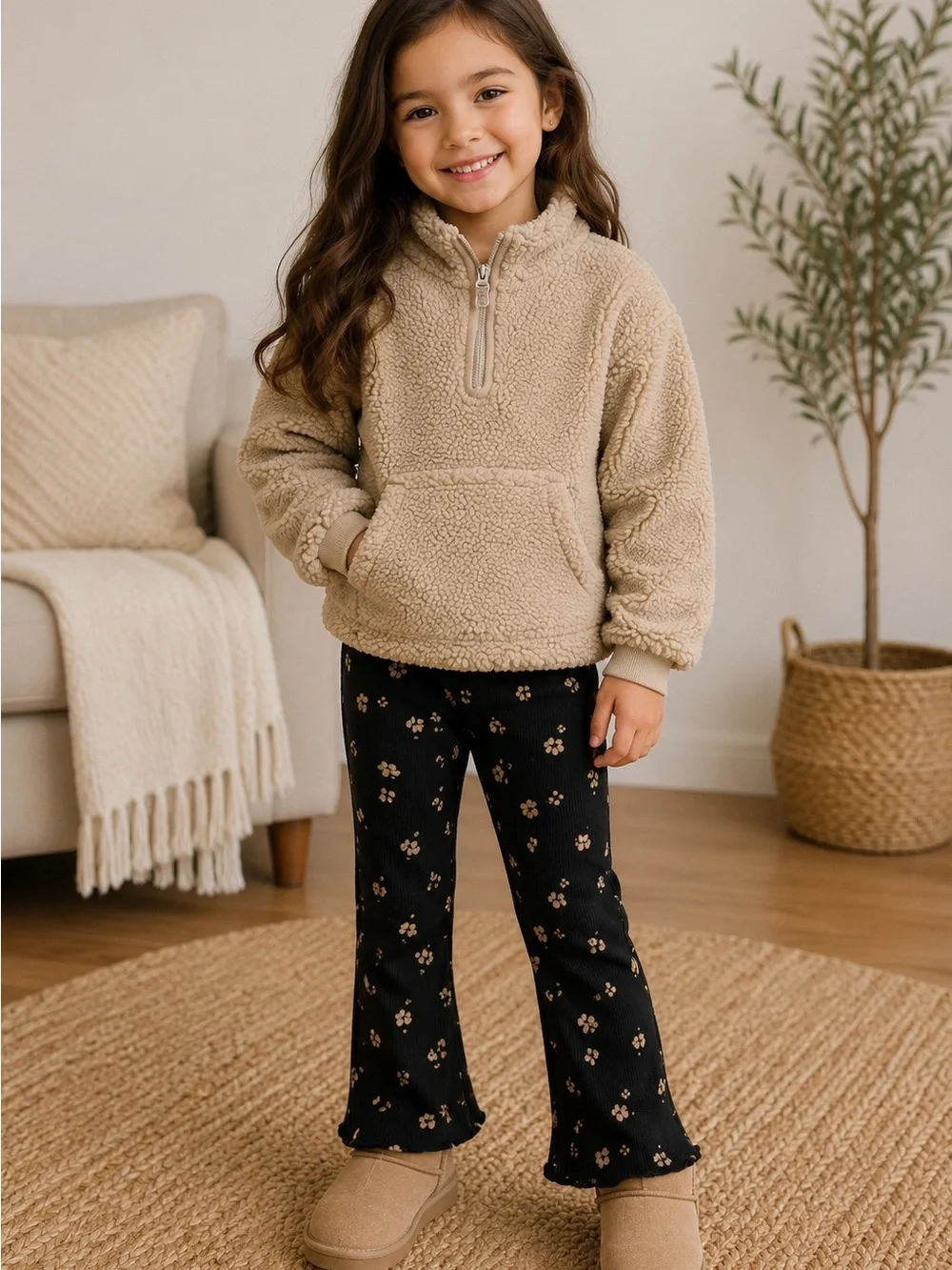 Carter's Beige Sherpa Pullover and Black Floral Pants Matching Set